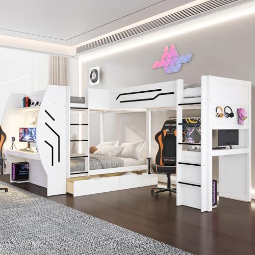 Merax 3 in 1 L-Shaped Wood Gaming Bunk Bed with Built-in Desks,Charging Station, Full & Twin Size Multifunction Bunk Beds with Storage Drawers and Pegboard for Bedroom, Space Saving,White - Image 4