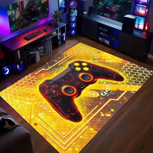 Gaming Rug for Boys Room, 4'6" x 6' Cool Gamer Rug for Teens Boys Bedroom Playroom, Game Controller Carpet Gaming Carpet for Office Computer Chair Floor Mats Decor, Yellow by WJLBKGU