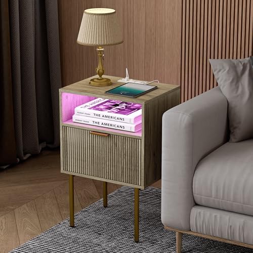 JOONEE Modern Nightstand with Charging Station and LED Lights, White Bedside Table with Drawer, Fluted Side Table for Living Room, Bedroom - Image 6