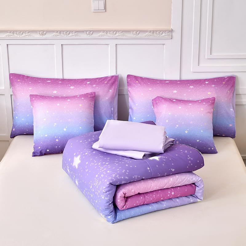 7PCS Purple and Pink Comforter Sets Full Girls Galaxy Comforter Full,Girls Bedding,Bed in a Bag with Flat Sheet and Fitted Sheet,Pillowcases,Cushions for Girl,Purple Bedding Sets - Image 5