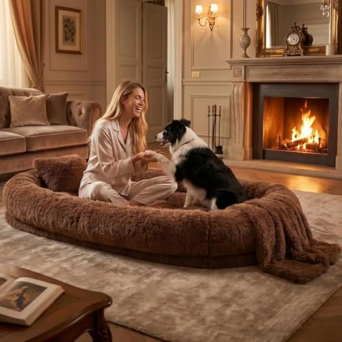 Human Dog Bed, Oversized Plush Lounger Bed with Plump Pillow and Blanket by FollowUs