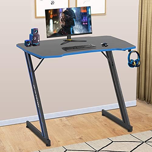 BestOffice Gmaing Desk 35.4in PC Computer Desk, Blue Ergonomic Gaming Table Z Shaped Gaming Workstation with Headphone Hook for Home Office，Blue by BestOffice