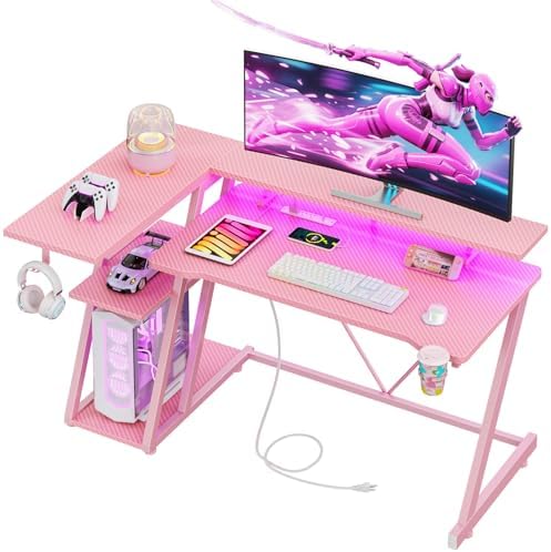 Korfile 47 Inch Pink Gaming Desk with Power Outlet & LED Lights, Corner Computer Desk with 3 Tiers Storage Shelves, L Shaped Gaming Desk with Monitor Stand for Bedroom by Korfile
