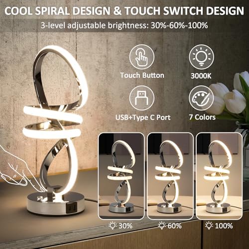 EIDISUNY RGB Spiral Table Lamp, Modern LED Table Lamp, Chrome Cool Bedside Lamps, 7 Colors & 10 Light Modes Touch Dimmable LED Nightstand Lamp with USB/Type C for Bedroom, Living Room,Silver - Image 2