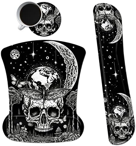 Ergonomic Mouse Pad with Wrist Support Gel Mouse Pads and Upgrade Keyboard Wrist Rest Pad Set, Coasters Non-Slip PU Base Mouse Mat for Office Gaming Computer Laptop Home, Skull Moon Butterfly by Dikoer
