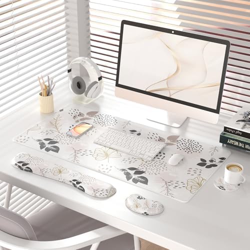 QiyI PU Leather Desk Mat Set, 4-in-1 Ergonomic Wrist Rest, Botanical Leaf - Image 2