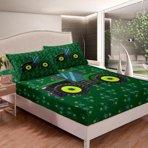 Tractor Bed Sheets Twin Size 3Pcs Green Equipment Trucks Sheet Set Boys Construction Excavator Fitted Sheet Kids Cartoon Farm Car Bedding Set Lightweight Soft Flat Sheet With 1 Pillow Case - Image 3