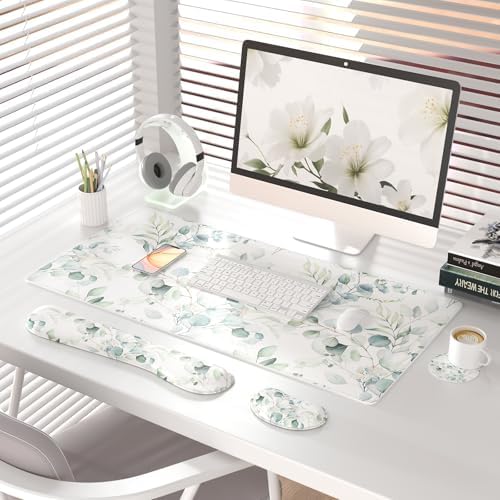 QiyI PU Leather Desk Mat Set, 4-in-1 Ergonomic Wrist Rest, Eucalyptus - Image 2