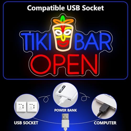 Tiki Bar Neon Sign, Tiki Bar Open Led Neon Light Signs for Wall Decor Hawaii Luau Party Outdoor Decorations for Pub Bistro Night Club Home Man Cave Gift Dimmable USB Powered Red(16.9"*11.4") - Image 5