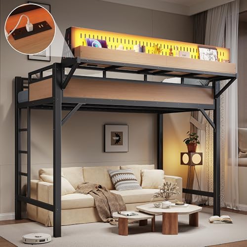 KEIKI Twin XL Loft Bed Frame with Storage Shelves & Pegboard, Metal Loft Bed with USB Ports and LED Lights, Space Saving Loft Bed for Kids Teens Dorm Rooms Apartments Gaming Setup & Small Bedrooms - Image 5