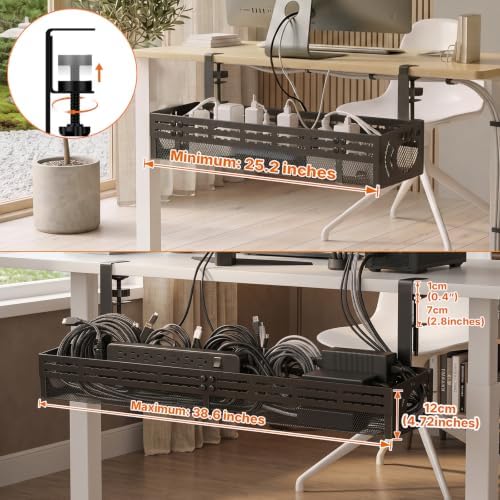 Under Desk Cable Management Tray, 15-25in Retractable Metal Cord Organizer Rack, No Drill Desk Tray with Clamp, Anti-Slip Pads Cable Tray for Home, Office, Gaming, Standing Desks - Image 2