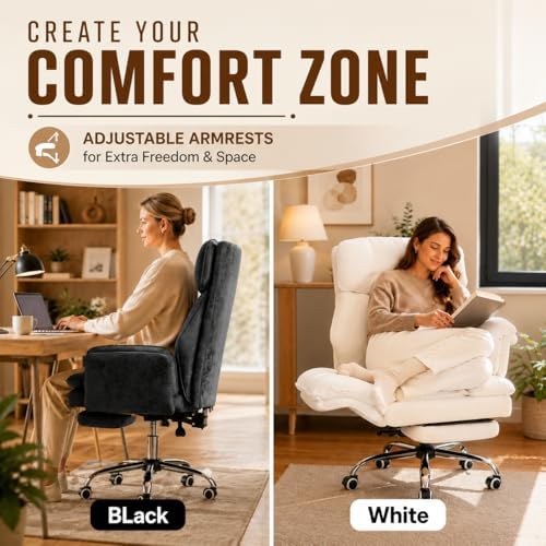 Big and Tall Office Chair with Footrest & Flip Armrests | Teddy Fleece Ergonomic Desk Chair, for Pets & Cross-Legged Sitting, Wide Seat Reclining Executive Computer Chair, Pink - Image 3