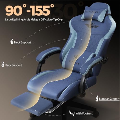 GTPLAYER Gaming Chair with Footrest, Big and Tall Game Chair High Back Computer Office Chair with Lumbar Support for Adults, Ergonomic Swivel Games Chair with Cushion Gaming, Fabric Blue - Image 5
