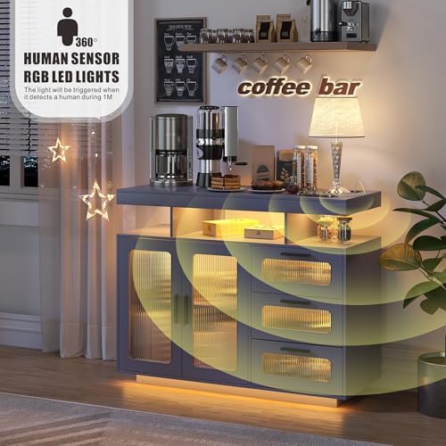 HWB Coffee Bar Cabinet with RGB Light & Charging Station, Gray - Image 4