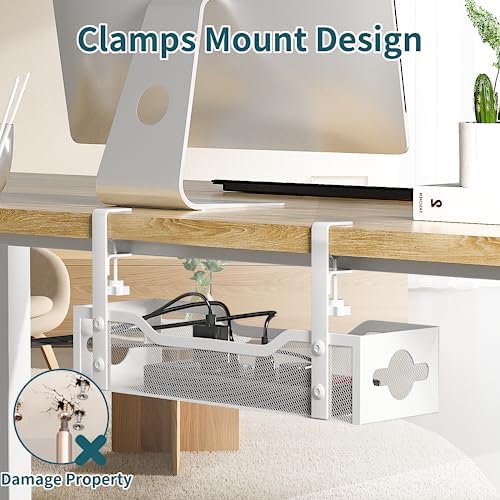 Under Desk Cable Management Tray No Drill, 13.38'' Metal Tray with Clamp for Wire Management, Litwaro Cord Organizer Home Office Damage to Standing Desk, White - Image 2
