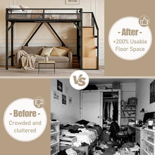 Bellemave Twin XL Loft Bed Frame with Storage Stairs, Beside Shelf & Wardrobe, Metal Loft Bed Twin XL with USB Ports & LED Light, Large Under-Bed Space Loft Beds for Adults, Teens, Kids, Black Natural - Image 3