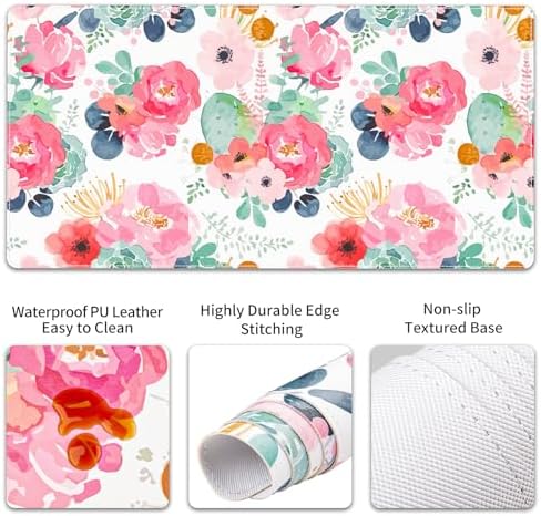 QiyI PU Leather Desk Mat Set, 4-in-1 Ergonomic Wrist Rest, Pink Flowers - Image 5