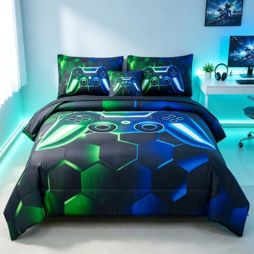 URBONUR 6Pcs Gaming Comforter Set Queen Size for Boys Girls Blue Green by URBONUR