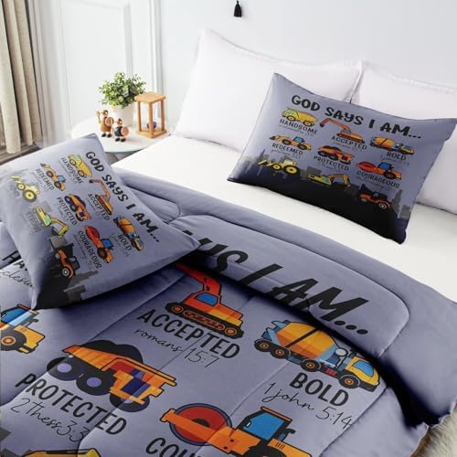 Boys Kids Construction Truck Comforter Set Full Size,3 Piece Bed in a Bag Cars Excavators Tractor Bedding Set Construction Christian Spirational Comforter with 2 Pillowcases Gray - Image 6