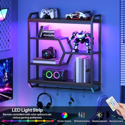 HOOBRO Gaming Floating Shelf with LED Lights, 27.5" LED Wall Mounted Shelf with Hanging Rod & 4 S-Hooks, 4-Tier Hanging Display Rack, for Living Room, Gaming Room, Black BB71DBJ01 - Image 3