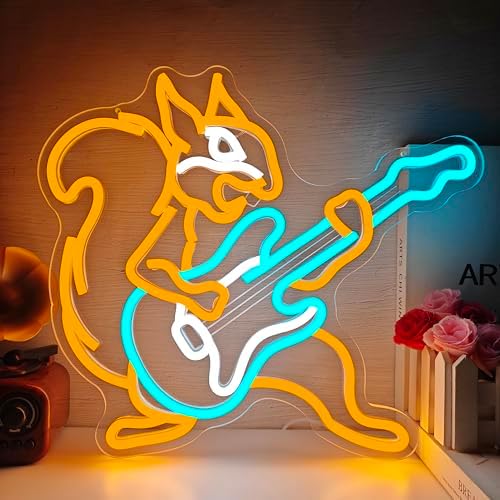 Squirrel Guitar Neon Sign Dimmable Squirrel Playing An Electric Guitar Led Sign Live Music Neon Lights for Wall Decor Anime Light Up Sign for Bar Music Studio by hhuohuona