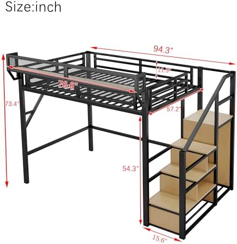 KEIKI Full Size Metal Loft Bed Frame with Convertible Staircase, Built-in Storage Shelves and Wardrobe, Loft Bed with Solid Slats, Guardrail, No Box Spring Required, Easy Assembly, for Bedroom, Black - Image 2