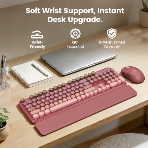 Wireless Keyboard and Mouse Combo, Magnetic Soft-Touch Wrist Rest, Pink - Image 2