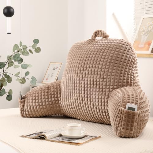 Reading Pillow with Arms for Bed Sitting,Khaki Flannel | Large Supportive Backrest with Arms Helps Ease Neck,Shoulder & Arm Strain While Gaming Reading or Watching TV by PAJEO