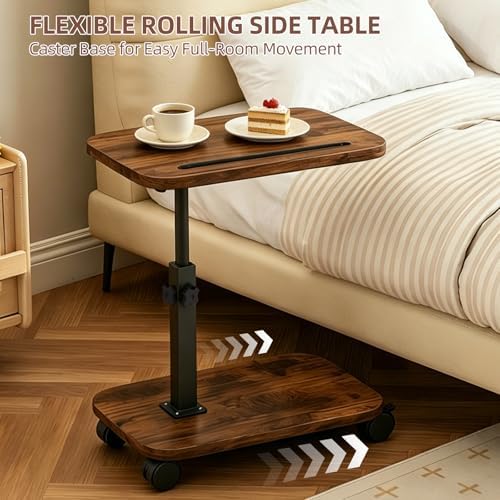 Adjustable TV Tray Side Table 360°Swivel Rolling, Rustic Brown - Image 4