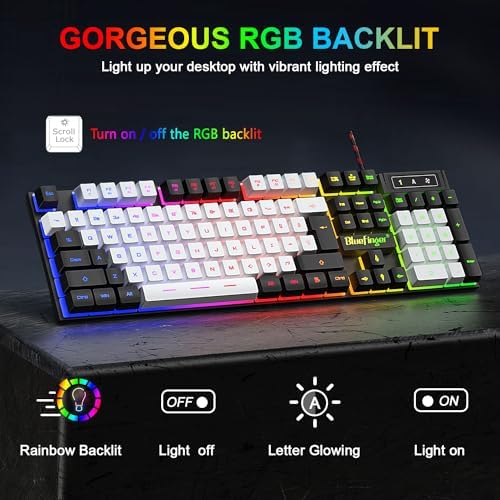 BlueFinger RGB Gaming Keyboard and Backlit Mouse Combo, USB Wired, LED Gaming Set for Laptop PC Computer Game and Work (Black & White) - Image 2