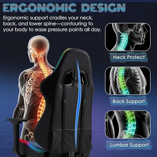 ECOTOUGE Gaming Chair Computer Chair with RGB LED Lights & Massage | High Back Ergonomic Chair for Adults with Footrest and Swivel Seat, Linkage Armrests& Headrest Lumbar Support, Black&Blue - Image 5