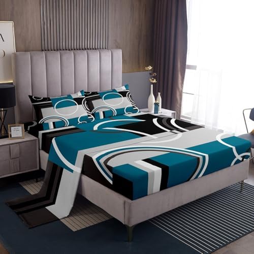Erosebridal Modern Turquoise Decor Bed Sheets Gray Black Blue Stripes Geometric Sheet Set Twin Size Retro Circle Swirls Bedding Set Modern Abstract Texture Color Art Fitted Sheet by Erosebridal