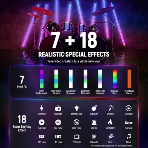 NEEWER TL120C RGB Tube Light, 42W Full Color RGBWW Photography LED Video Light Wand Stick with APP/2.4G/DMX Control, 7 Pixel Effects/18 Scenes, 2500K-10000K CRI97+ TLCI98+, 6000mAh Battery - Image 4