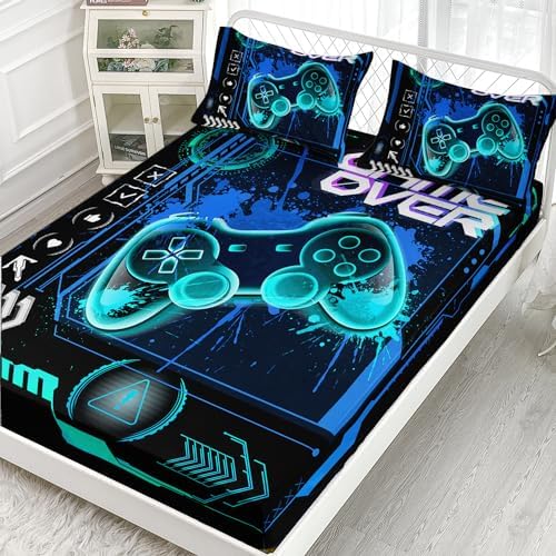 AILONEN Gamer Fitted Sheet Set Full Size, Blue Game Controller Boys Bedding Set Decor,Gamer Bed Sheet Set 3 Pieces Boys Sheet Set,Video Game Fitted Sheet and 2 Pillowcases - Image 2