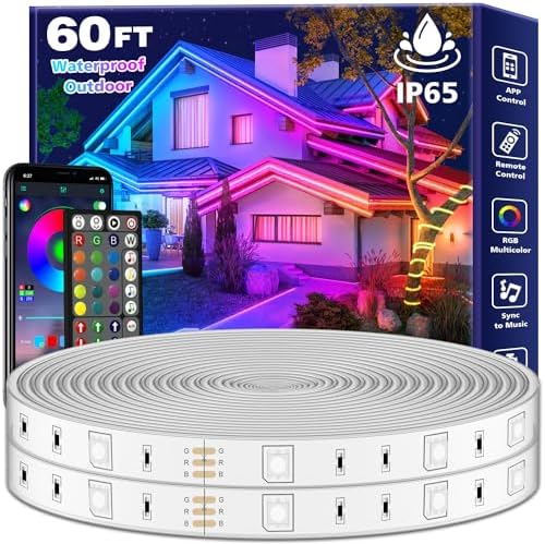 FBZ 60Ft Outdoor Waterproof LED Strip Lights,Music Sync RGB IP65 Led Lights with App Control and Remote,Color Changing Waterproof Led Rope Lights for Outdoor,Balcony,Roof,Garden,Stairs Party (60FT) by Unknown