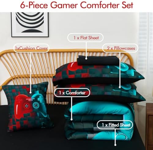 PERFEMET 6 Pieces Boys Bedding Set Full Red and Teal Game Kids Bed in A Bag - Image 3