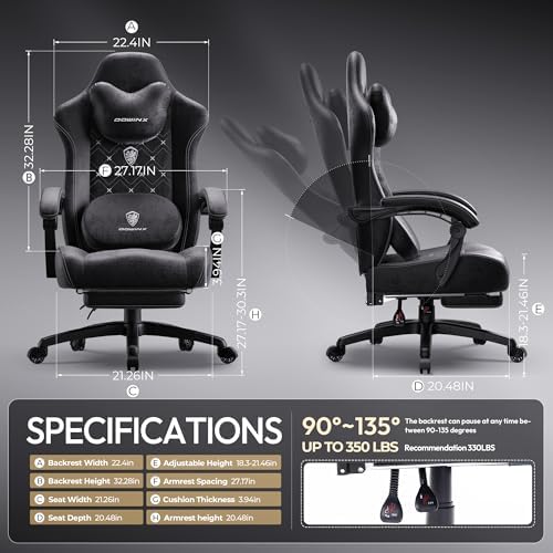 Dowinx Gaming Chair with Heated Massage Lumbar Support,Big and Tall Fabric Gaming Chairs for Adults with Footrest, Ergonomic Computer Game Chair with Poket Spring Cushions, 350lbs, Black - Image 2