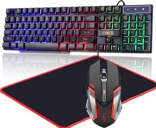 RGB Gaming Keyboard and Colorful Mouse Combo,USB Wired LED Backlight,Letter Glow,Mechanical Feeling for Laptop PC Computer Game and Work by CAKCE