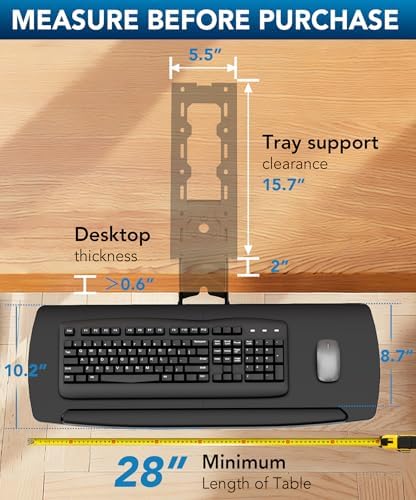 AX WABER Keyboard Tray Under Desk with Storage Drawer, Height Adjustable Keyboard Tray Slide Out 360° Swivel Tilt, Ergonomic Under Desk Mount Keyboard & Mouse Holder for Gaming Home Office, 28''x11'' - Image 3