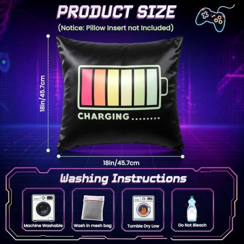 Pack of 2 Gamer Throw Pillow Covers 18x18 Inch, Satin Silk Feeling Decorative Pillow Cases with Hidden Zipper, Charging Battery Design for Boys Room Sofa Couch Bedroom Decor - Image 2