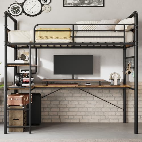 GarveeHome Loft Bunk Bed with L-Shaped Desk, Industrial Twin Loft Bed,Brown - Image 3