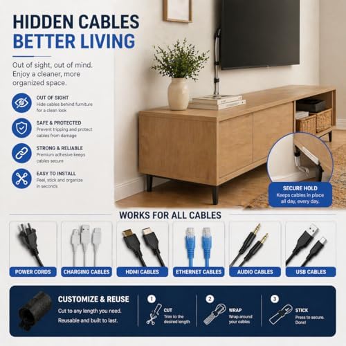 80 PCS Cable Organizer, Cord Organizer for Desk, Wire Holders for Cords with Adhesive Backing, Reusable Velcro Cable Management Straps, Under Desk Cable Management for Home Office and Gaming Setup - Image 4