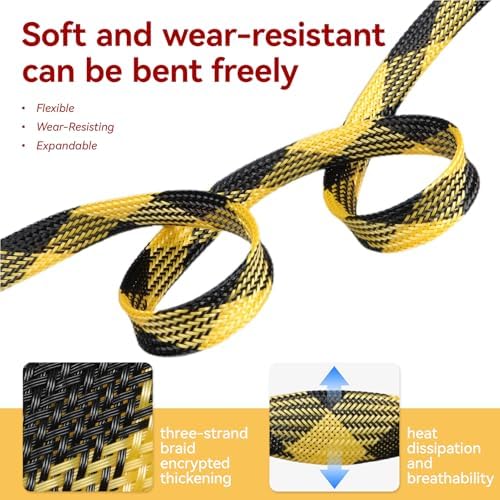 Braided Cable Sleeve, 16.4ft Expandable Mesh Cable Management Sleeve, Wear-Resistant Cord Protectors from Pets No Chew Flexible Wire Sleeving for Audio Video (Black and Yellow, 1/2") - Image 3