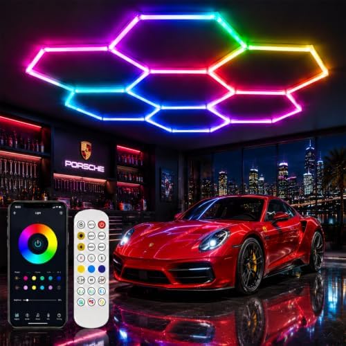 RGB Hexagon LED Garage Lights, 7 Hexagons 31 Tubes, App & Remote Control Color Changing Honeycomb Wall Ceiling Lights for Garage, Gaming Room, Gym, Car Detailing Shop by Maxziller