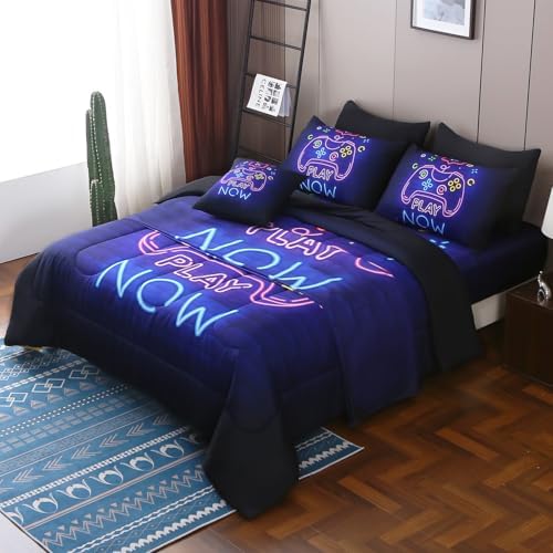 JQinHome Twin Gamer Comforter Set 6 Piece Bed in A Bag for Boys,3D Neon Light Up Design for Classic Console -All Season Soft Microfiber Down Alternative Comforter Gamer Bedding Sets for Kids (Purple) - Image 3