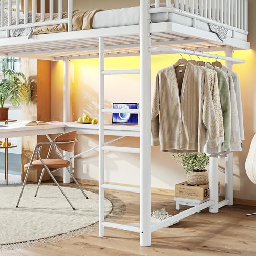 Bellemave Queen Metal Loft Bed with L-Shaped Desk,LED Lights and Charging Station,Heavy Duty Loft Bed Frame with Hanging Rod & CPU Tray for Kids Teens Adults,Space-Saving,White - Image 5