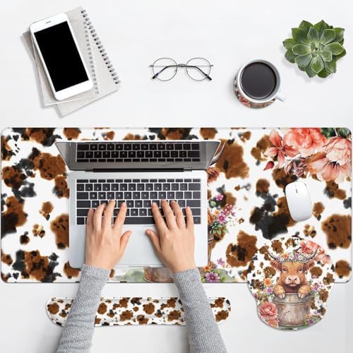 Arttown Keyboard Mouse Pad Set, 4 in 1 Desk Mat Set Highland Cow - Image 7
