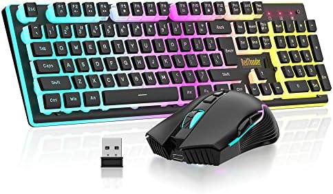 RedThunder K10 Wireless Gaming Keyboard and Mouse Combo, RGB Backlit Rechargeable 3800mAh Battery, Mechanical Feel Anti-ghosting Keyboard with Pudding Keycaps + 7D 3200DPI Mice for PC Gamer (Black) by RedThunder