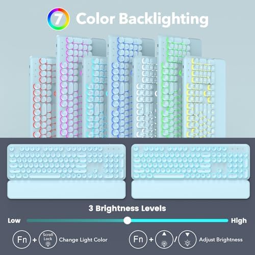 Wireless Keyboard and Mouse Combo, Backlit Round Keycaps, Retro Typewriter Keyboard with Detachable Wrist Rest, Rechargeable & Tilt Legs, 2.4GHz Cordless Connection for Windows/PC (Glowing Blue) - Image 2