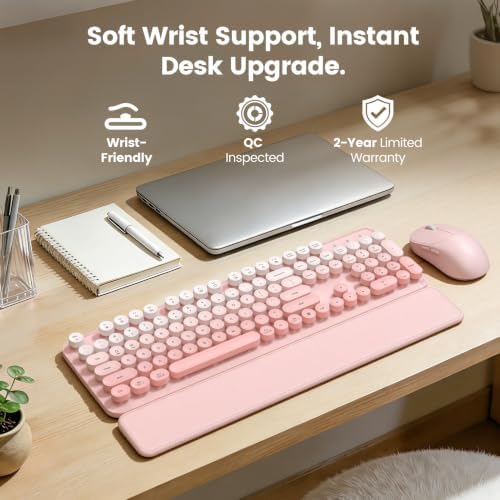 Wireless Keyboard and Mouse Combo, Magnetic Soft-Touch Wrist Rest, Pink - Image 2